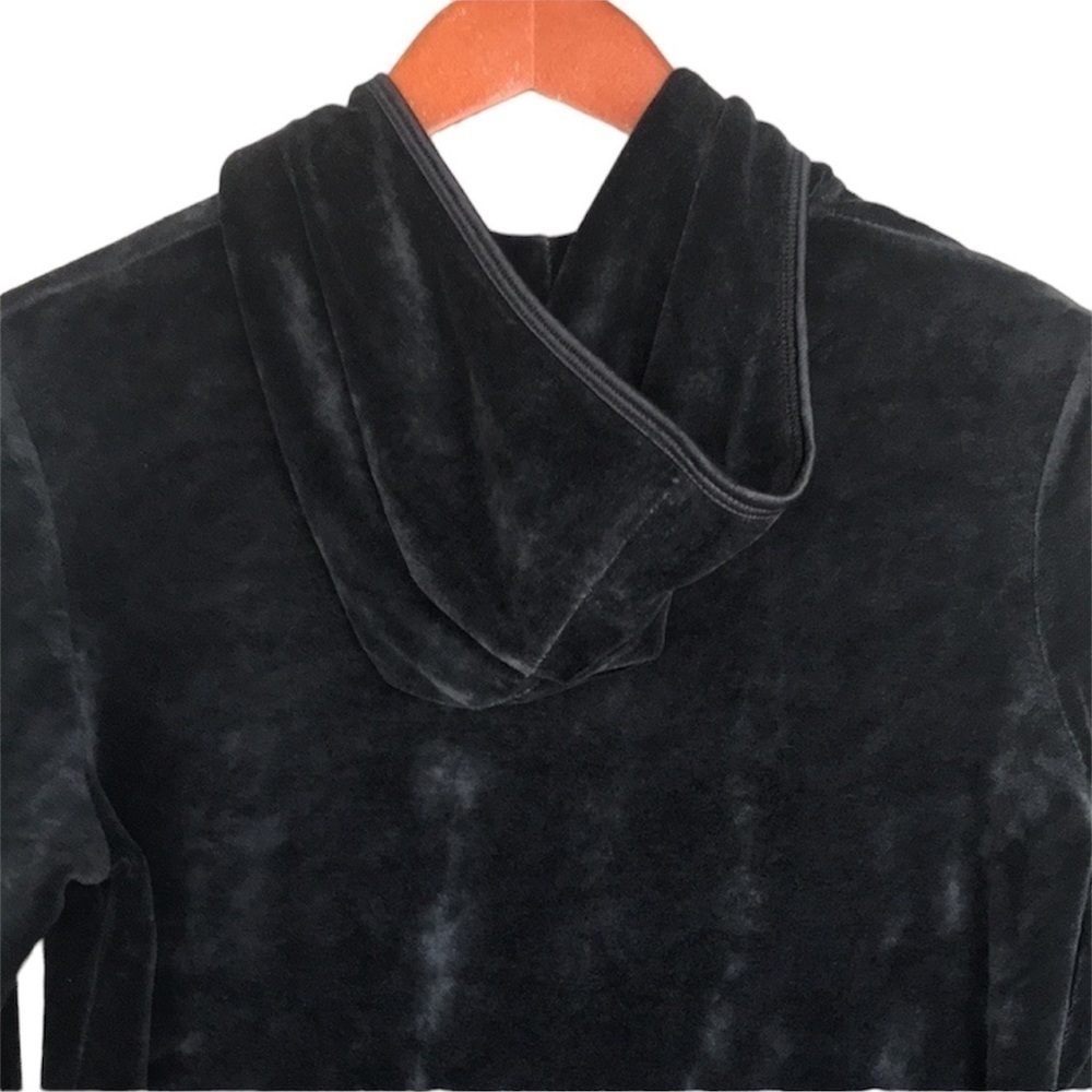 BCBGMaxAzria Black Velour Rhinestone Logo Zip-Up Hooded Jacket Medium - Picture 6 of 13